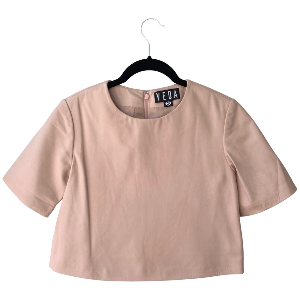 Veda Blush Pink Leather Short Sleeve Crop Top